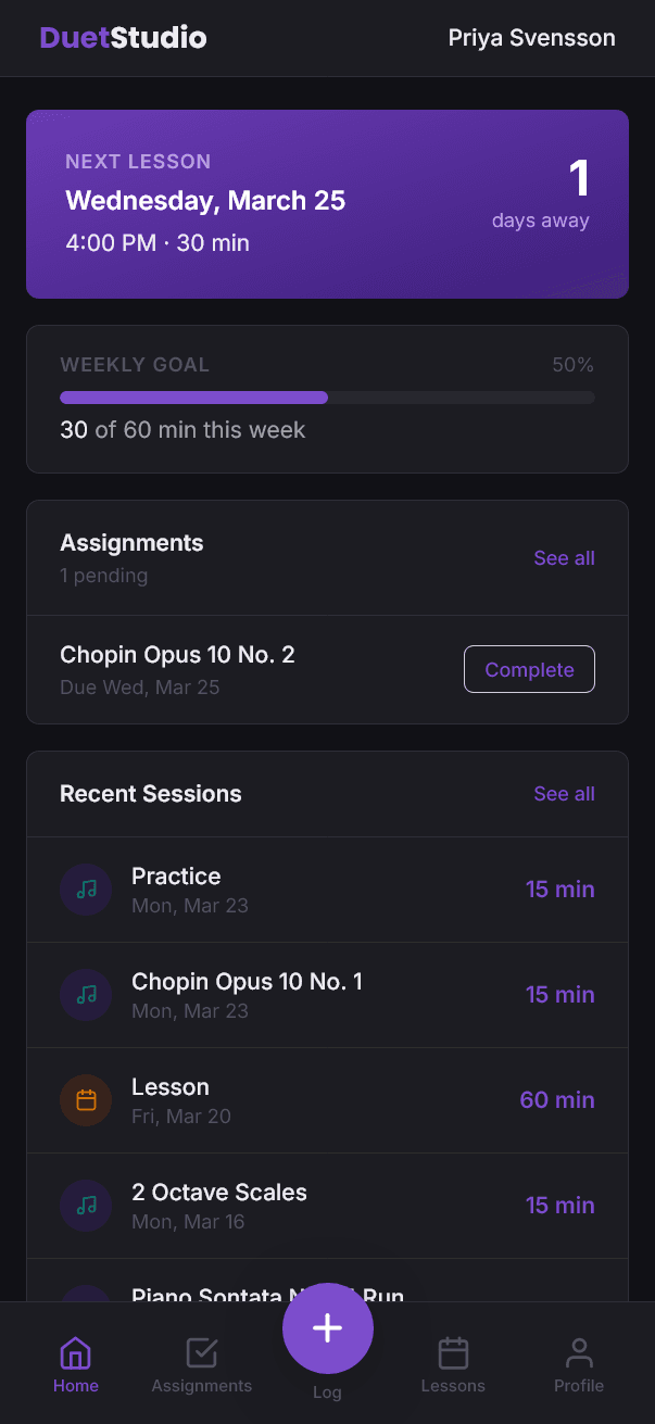 DuetStudio student portal showing next lesson, weekly goal, and practice assignments