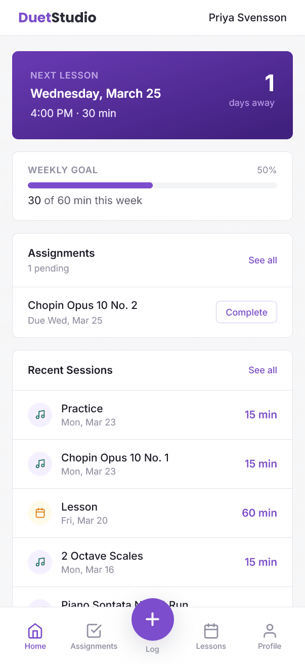 DuetStudio student portal showing next lesson, weekly goal, and practice assignments